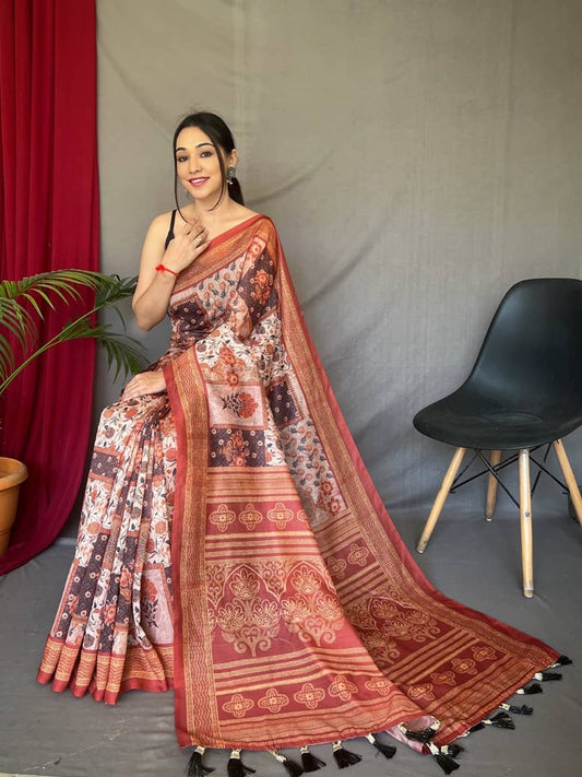 Maroon color Ajrakh Carpet Silk Cotton Printed Party wear Saree VT3012