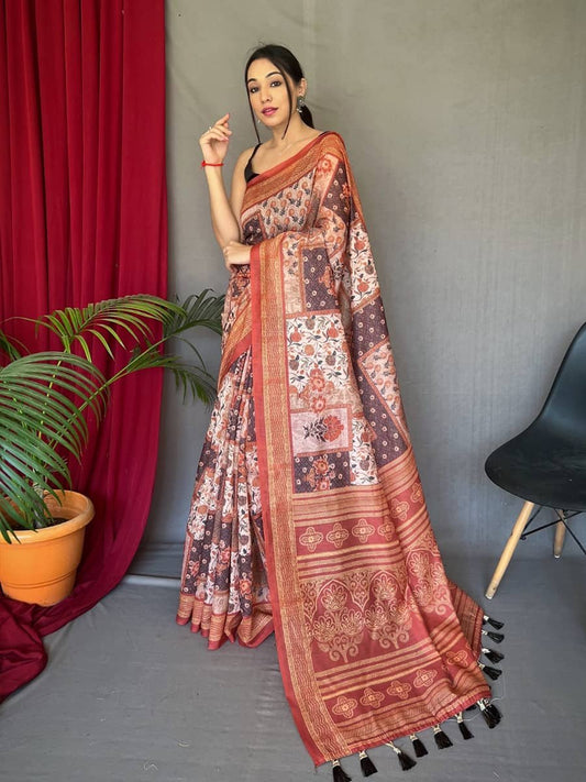 Maroon color Ajrakh Carpet Silk Cotton Printed Party wear Saree VT3012