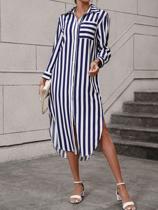 Striped Printed Split Thigh Design Shirt Dress VT-01166